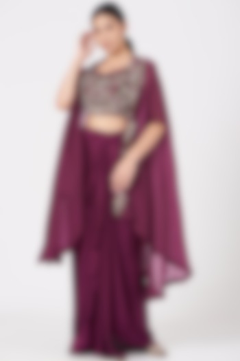 Wine Draped Skirt Set by USHA BAGRI
