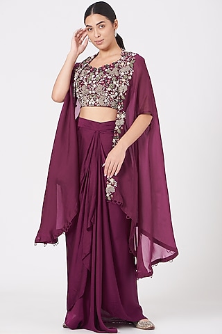 Wine Draped Skirt Set by USHA BAGRI