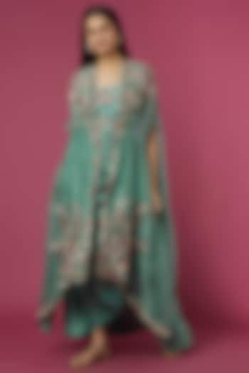 Blue Satin Draped Skirt Set by USHA BAGRI