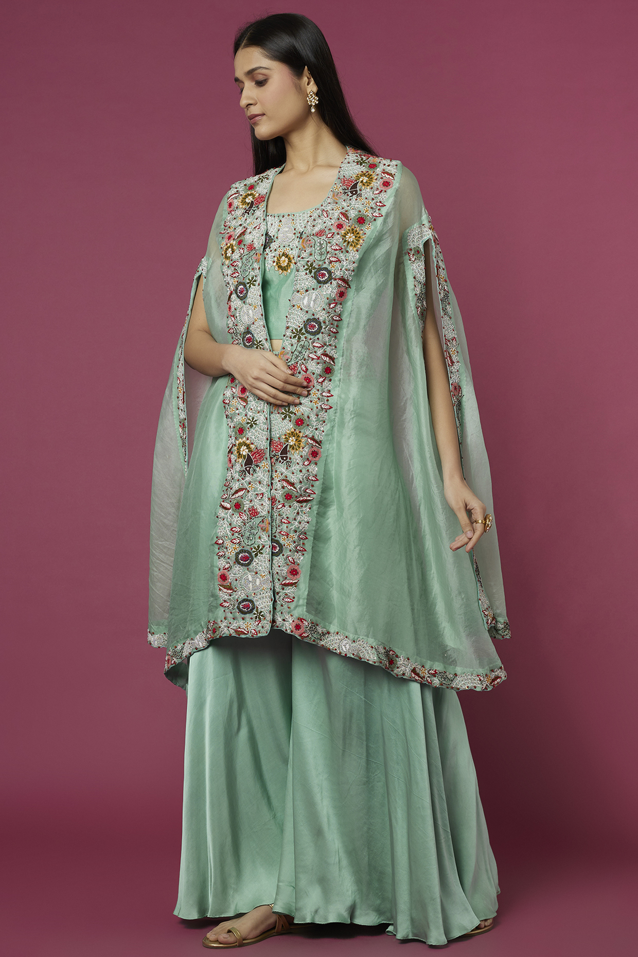 Blue Zardosi Embroidered Cape Set by USHA BAGRI