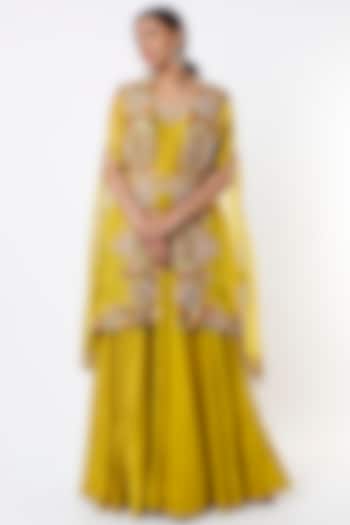 Mustard Hand Embroidered Cape Set by USHA BAGRI