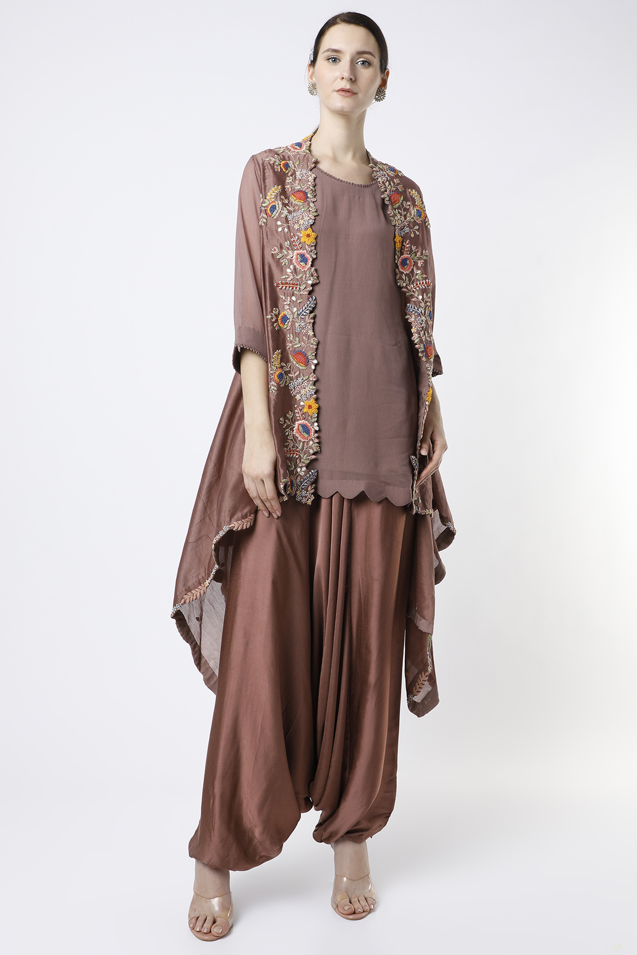 Brown Kurta Set With Cape by USHA BAGRI