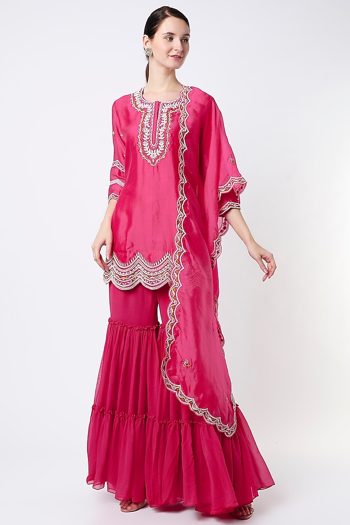 Pink Chanderi Silk Sharara Set by USHA BAGRI