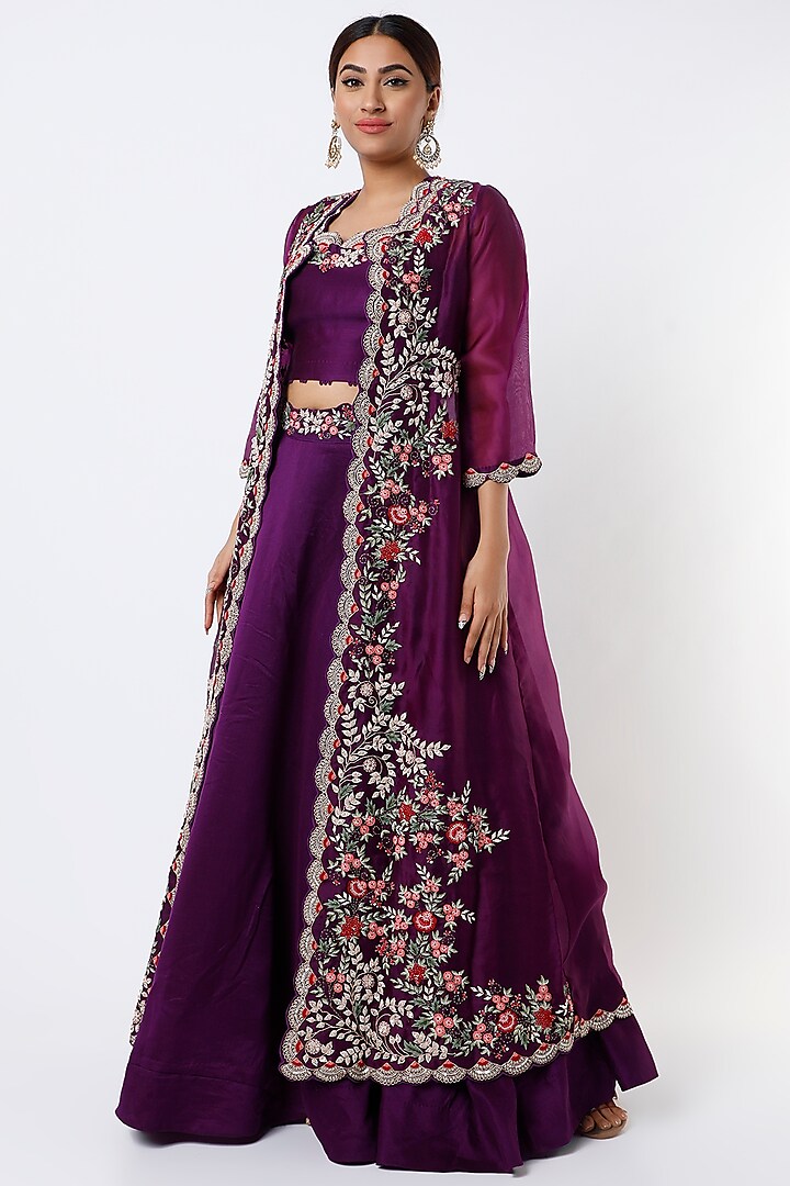 Violet Hand Embroidered Jacket Set by USHA BAGRI