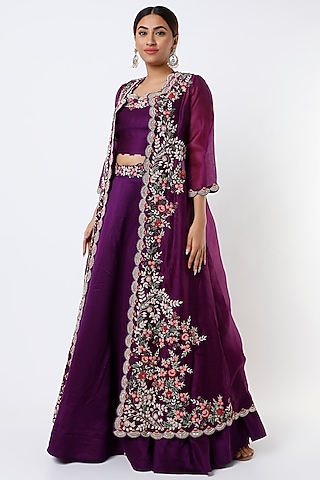 Violet Hand Embroidered Jacket Set by USHA BAGRI