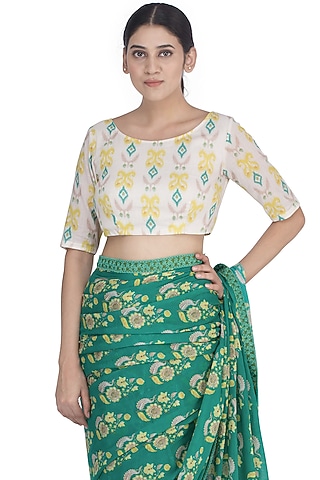 Off White Printed Blouse by Uri by Mrunalini Rao