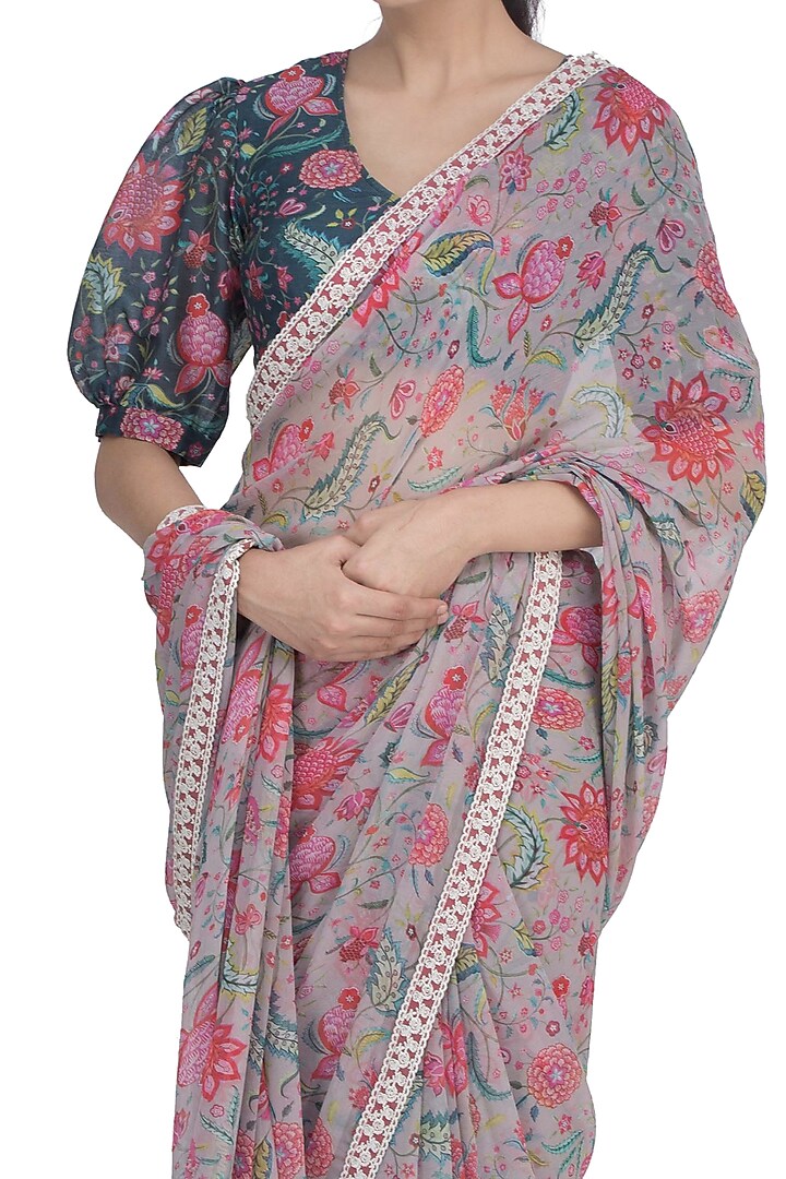 Grey Chintz Printed Party Wear Saree by Uri by Mrunalini Rao at Pernia's Pop Up Shop