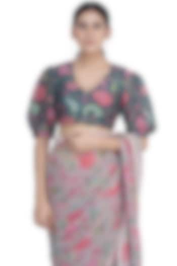 Dark Teal Printed blouse by Uri by Mrunalini Rao at Pernia's Pop Up Shop