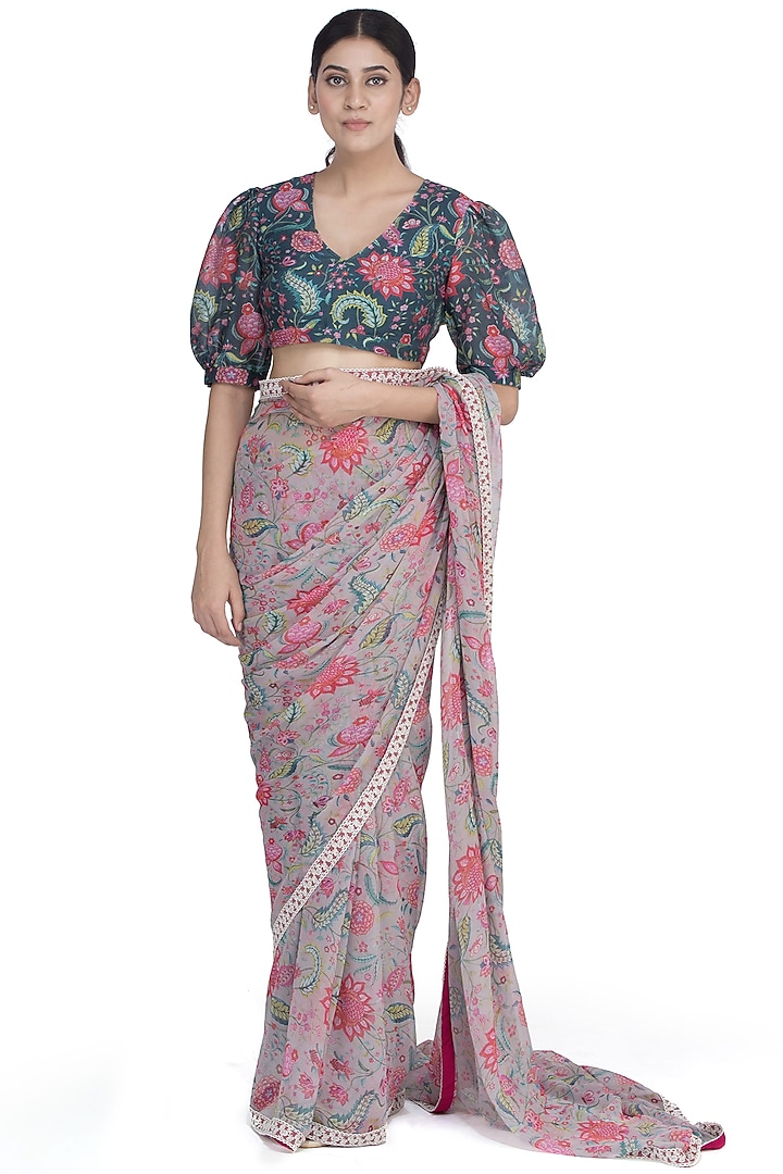 Dark Teal Printed blouse by Uri by Mrunalini Rao at Pernia's Pop Up Shop