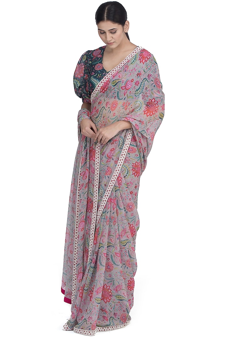Dark Teal Printed blouse by Uri by Mrunalini Rao at Pernia's Pop Up Shop