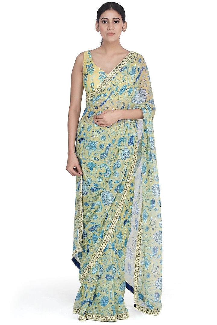 Lime Yellow Printed Saree by Uri by Mrunalini Rao at Pernia's Pop Up Shop