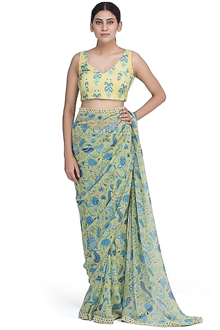 Lime Yellow Printed Blouse by Uri by Mrunalini Rao