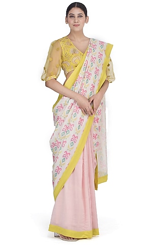 Yellow Printed Blouse With Puffed Sleeves by Uri by Mrunalini Rao