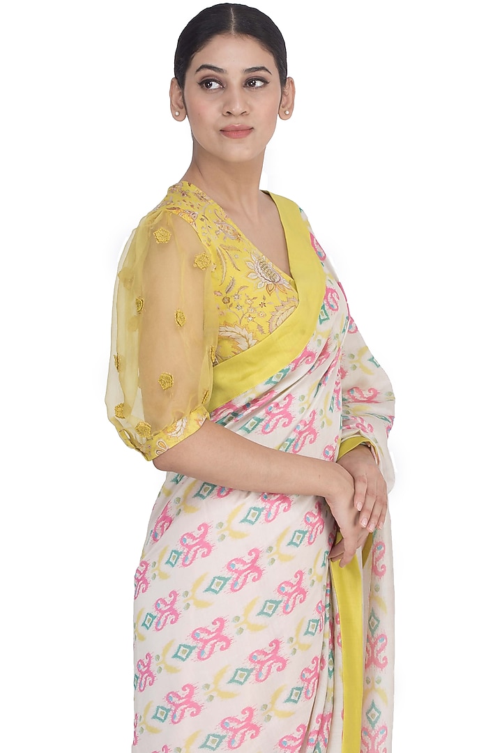 Yellow Printed Blouse With Puffed Sleeves by Uri by Mrunalini Rao at Pernia's Pop Up Shop