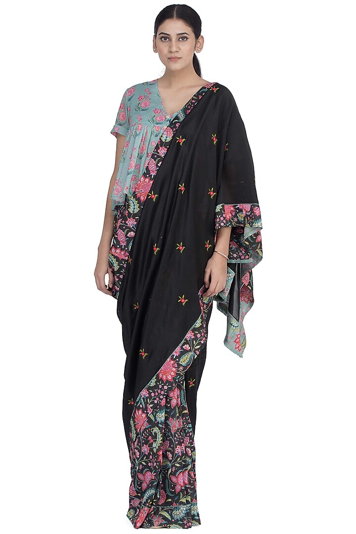Black Chintz Printed Party Wear Saree by Uri by Mrunalini Rao at Pernia's Pop Up Shop
