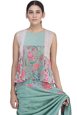 Teal & Grey Printed Top by Uri by Mrunalini Rao