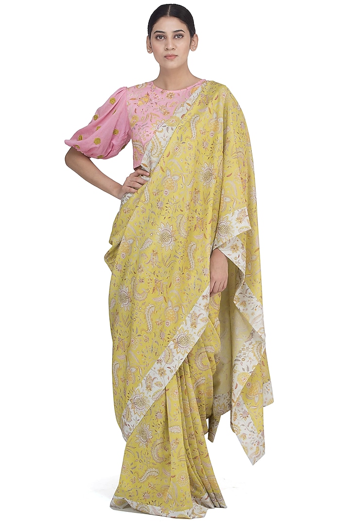 Yellow Chintz Printed Party Wear Saree by Uri by Mrunalini Rao at Pernia's Pop Up Shop