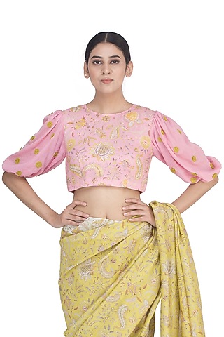 Blush Pink Printed Blouse by Uri by Mrunalini Rao