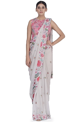 White Floral Printed Saree With Blouse Latest 4176SR01