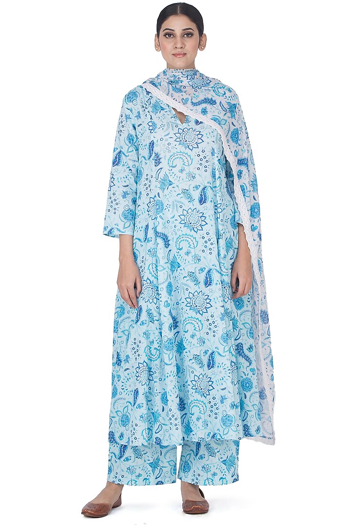 Light Blue Printed Kurta Set by Uri by Mrunalini Rao at Pernia's Pop Up Shop