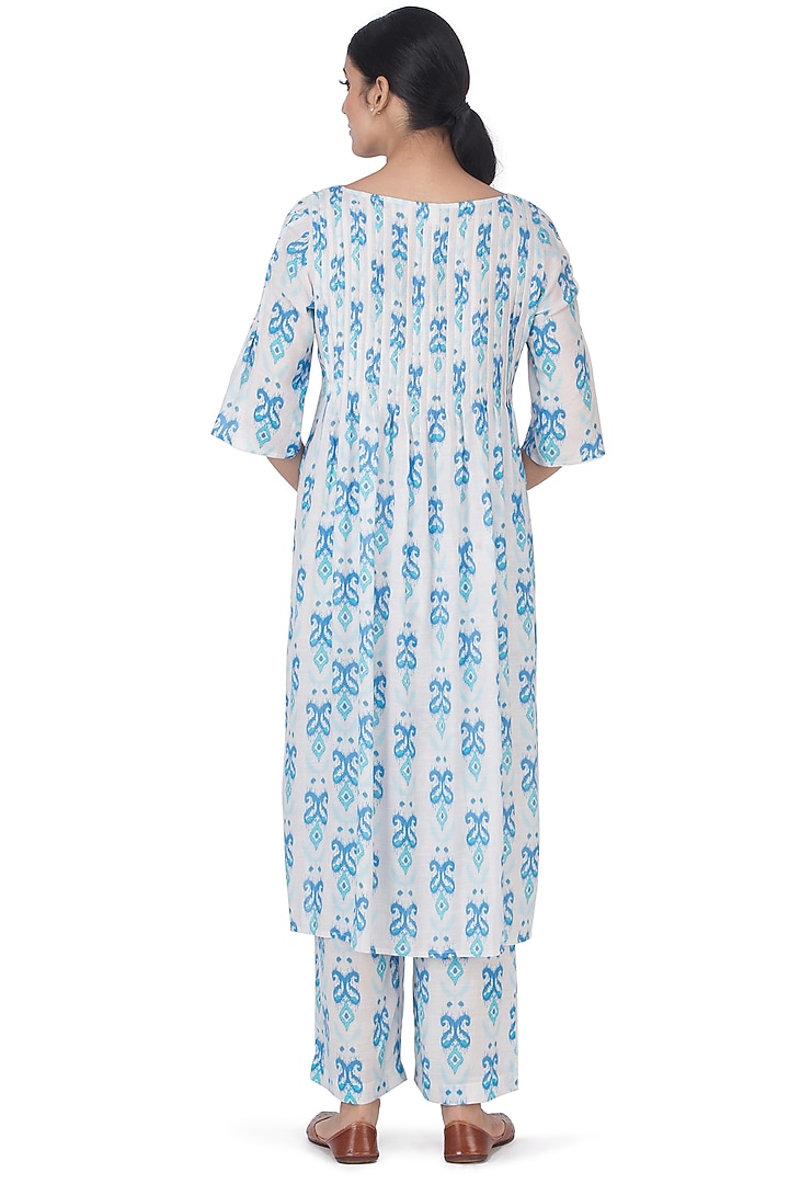 White & Blue Printed Kurta Set by Uri by Mrunalini Rao at Pernia's Pop Up Shop
