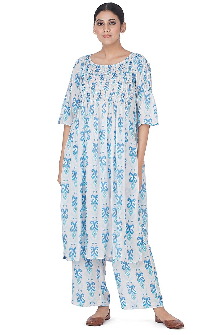 White & Blue Printed Kurta Set by Uri by Mrunalini Rao at Pernia's Pop Up Shop