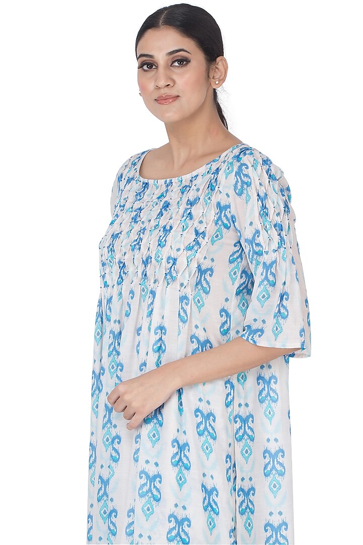 White & Blue Printed Kurta Set by Uri by Mrunalini Rao at Pernia's Pop Up Shop