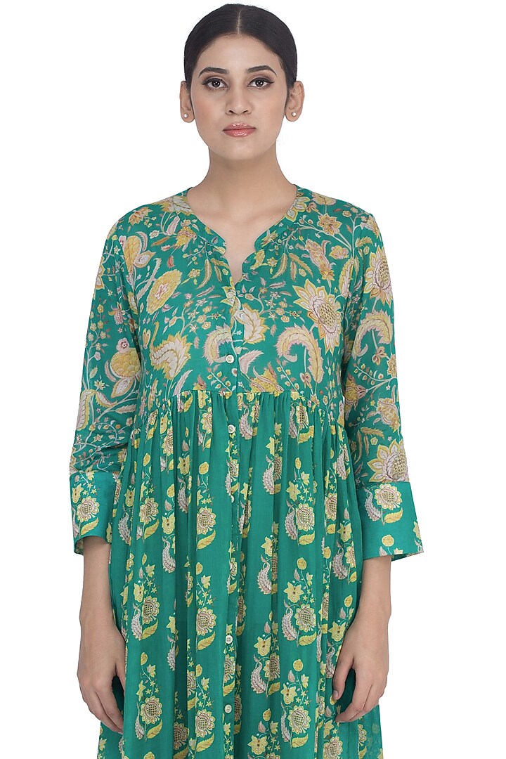 Rama Green Printed Summer Shirt Dress by Uri by Mrunalini Rao at Pernia's Pop Up Shop