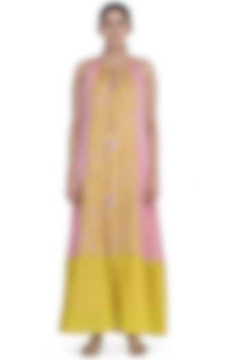 Yellow & Blush Pink Printed Boho Maxi dress by Uri by Mrunalini Rao