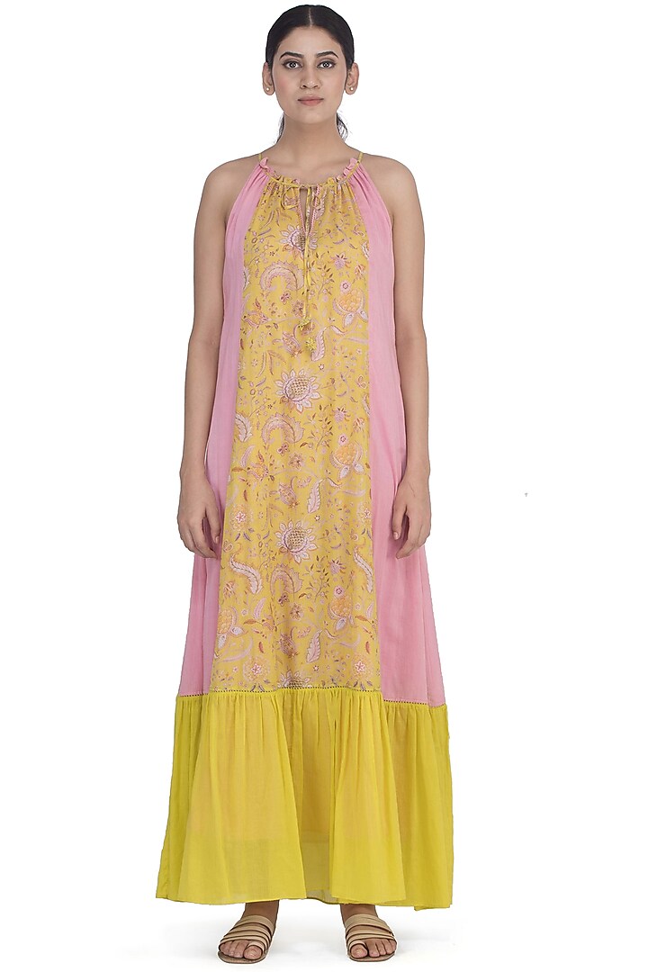 Yellow & Blush Pink Printed Boho Maxi dress by Uri by Mrunalini Rao