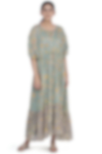 Teal & Grey Printed Kaftan Maxi dress by Uri by Mrunalini Rao at Pernia's Pop Up Shop