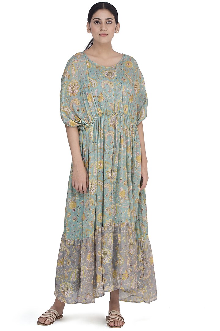 Teal & Grey Printed Kaftan Maxi dress by Uri by Mrunalini Rao at Pernia's Pop Up Shop