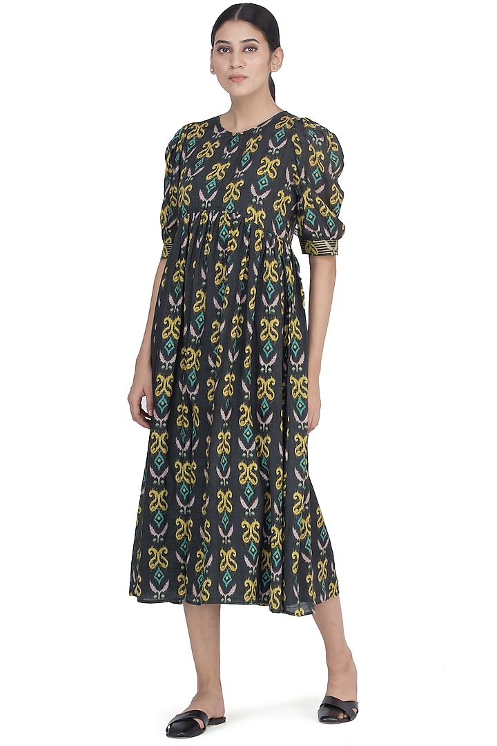 Black Printed Tea Length Dress by Uri by Mrunalini Rao at Pernia's Pop Up Shop
