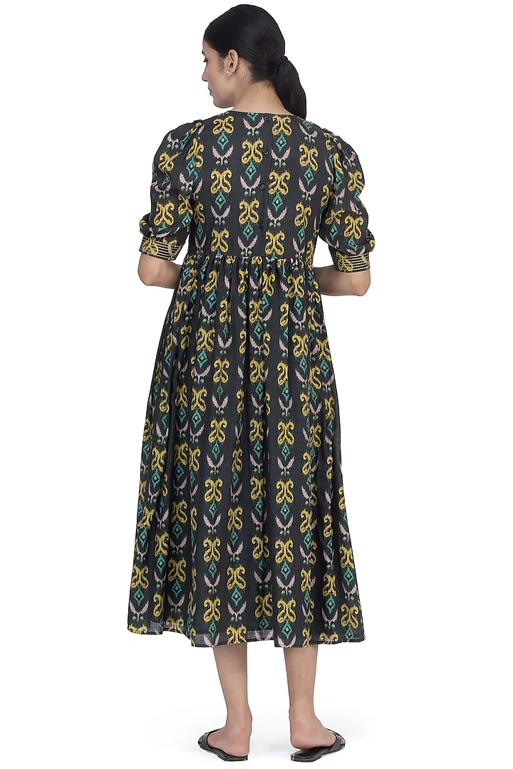 Black Printed Tea Length Dress by Uri by Mrunalini Rao at Pernia's Pop Up Shop