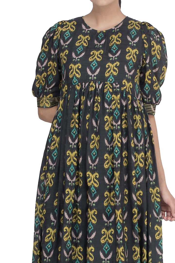 Black Printed Tea Length Dress by Uri by Mrunalini Rao at Pernia's Pop Up Shop