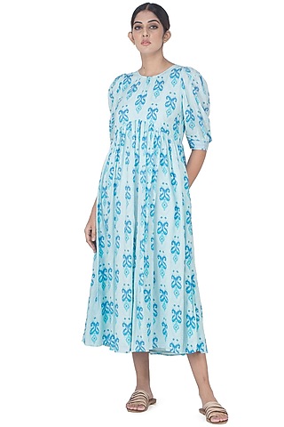Light Blue Printed Tea Length Dress by Uri by Mrunalini Rao