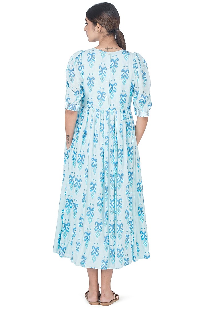 Light Blue Printed Tea Length Dress by Uri by Mrunalini Rao at Pernia's Pop Up Shop