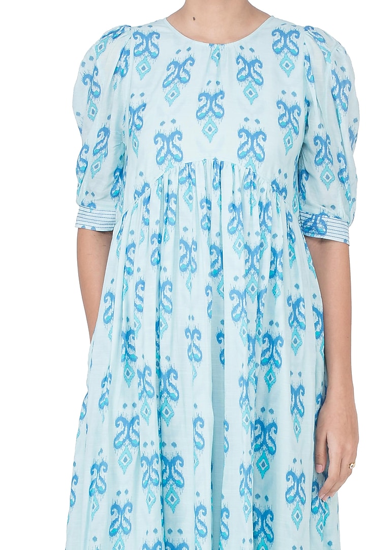 Light Blue Printed Tea Length Dress by Uri by Mrunalini Rao at Pernia's Pop Up Shop