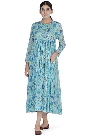 Light Blue Printed Midi Dress by Uri by Mrunalini Rao
