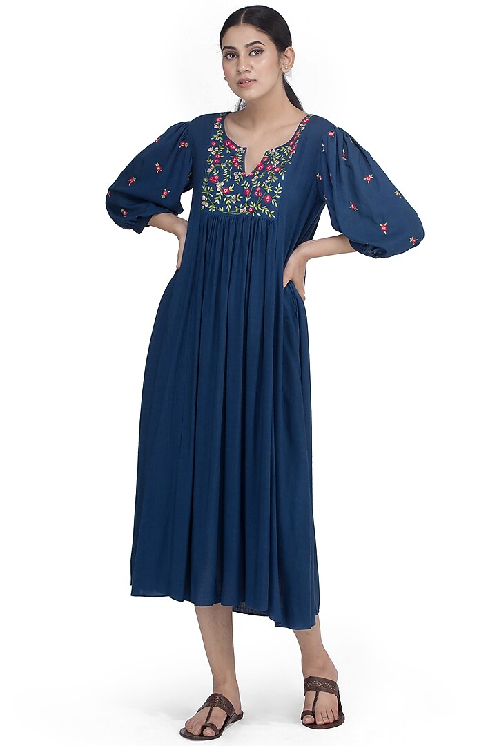 Navy Blue Embroidered Midi Dress by Uri by Mrunalini Rao at Pernia's Pop Up Shop