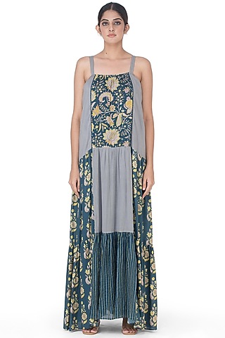 Teal & Grey Printed Midi Dress by Uri by Mrunalini Rao