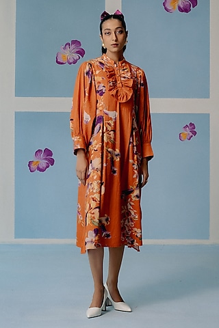 Orange Kala Cotton Ruffled Midi Dress by Uri by Mrunalini Rao