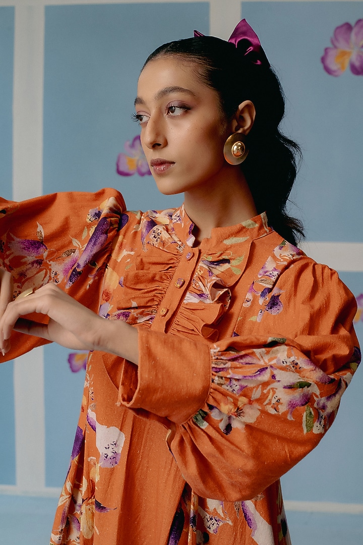 Orange Kala Cotton Ruffled Midi Vacation Dress by Uri by Mrunalini Rao at Pernia's Pop Up Shop