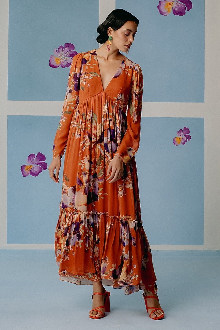 Orange Georgette Layered Summer Dress by Uri by Mrunalini Rao at Pernia's Pop Up Shop