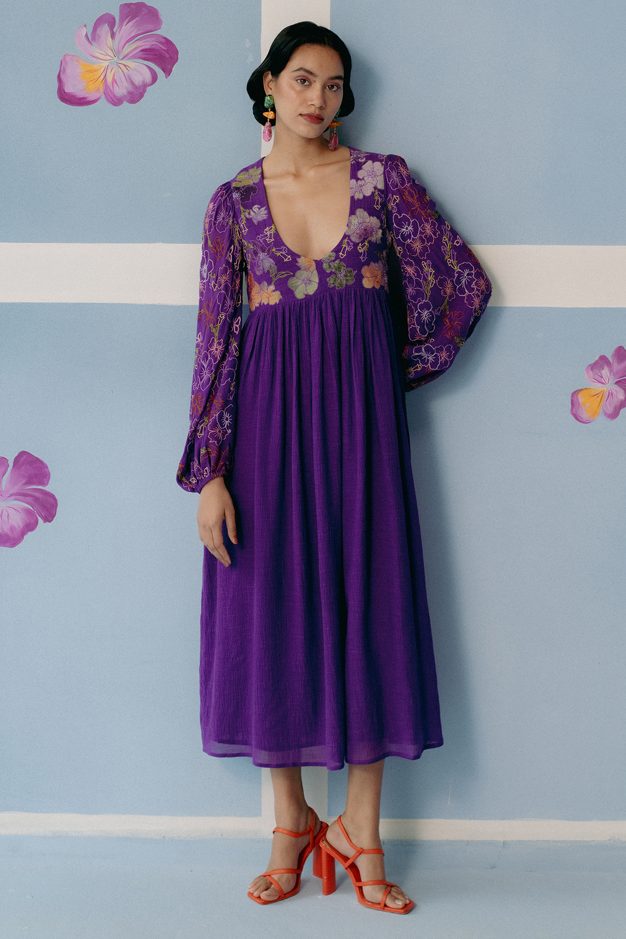 Purple Organic Fabric Gathered Dress by Uri by Mrunalini Rao at Pernia's Pop Up Shop