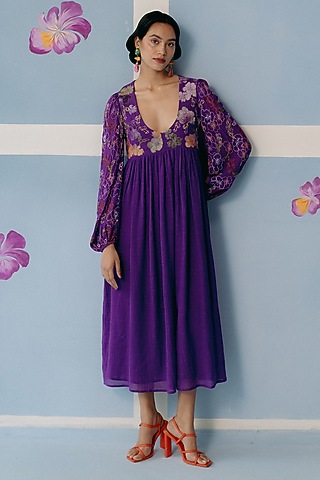 Purple Organic Fabric Gathered Dress by Uri by Mrunalini Rao