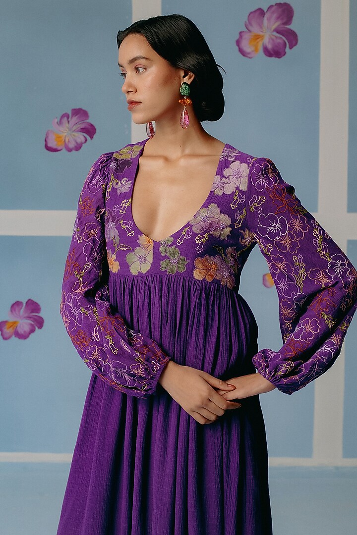 Purple Organic Fabric Gathered Cocktail Dress by Uri by Mrunalini Rao at Pernia's Pop Up Shop