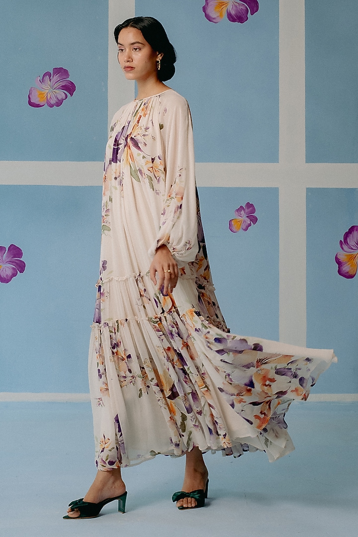 Off-White Organic Fabric Maxi Tiered Vacation Dress by Uri by Mrunalini Rao at Pernia's Pop Up Shop