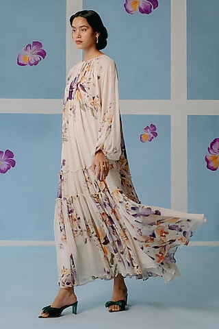 Off-White Organic Fabric Maxi Tiered Dress by Uri by Mrunalini Rao