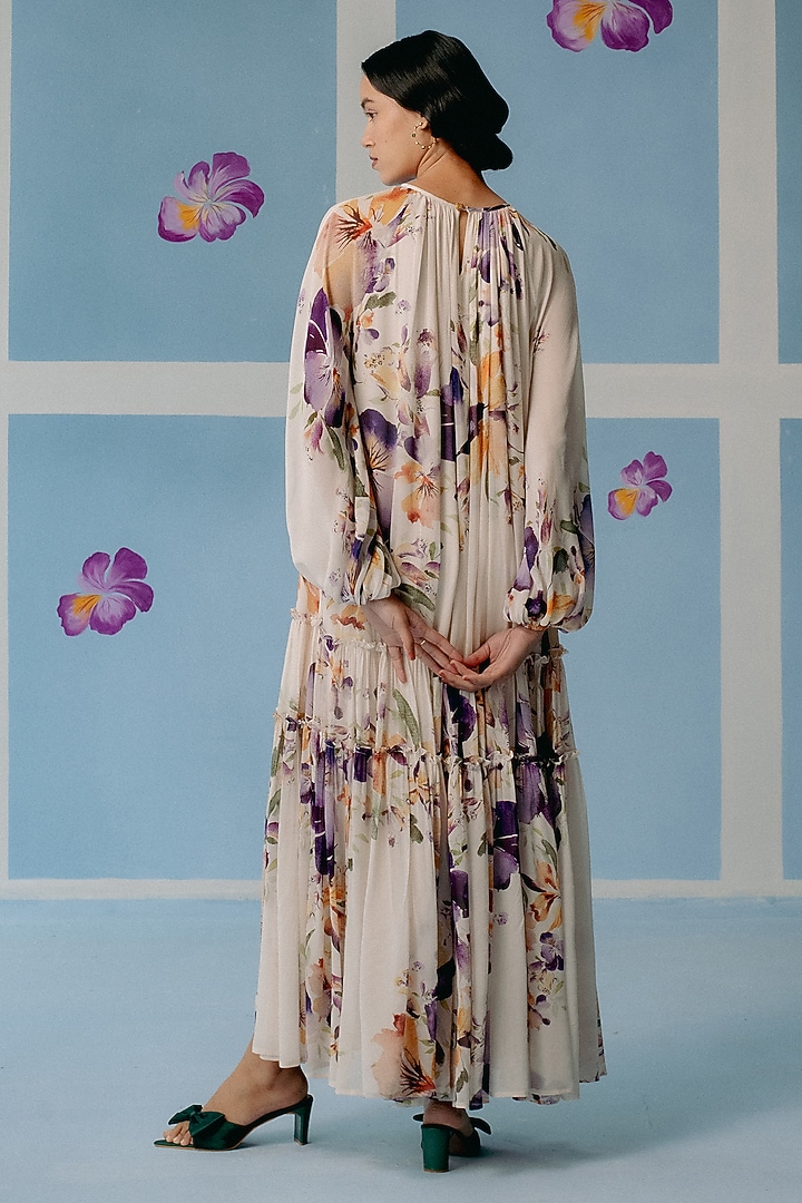 Off-White Organic Fabric Maxi Tiered Vacation Dress by Uri by Mrunalini Rao at Pernia's Pop Up Shop